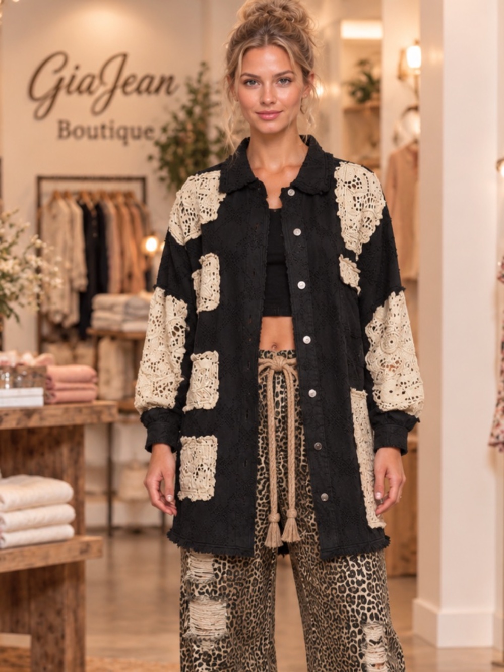 ❤️ POL “ ELK RIVER ” POL TEXTURED TWILL JACKET SHACKET WITH CROCHET DETAIL
